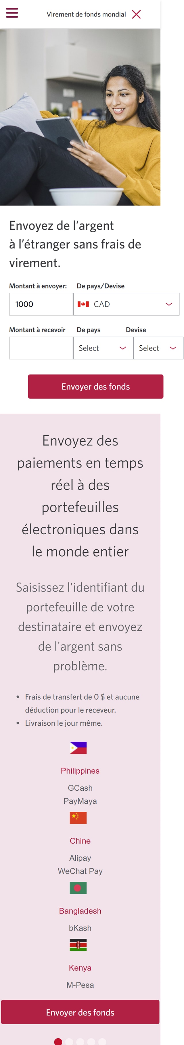 Écran 4 de la démonstration : Centre d’opérations de change CIBC. Une animation dynamique met en évidence le bouton Envoyer de l’argent.