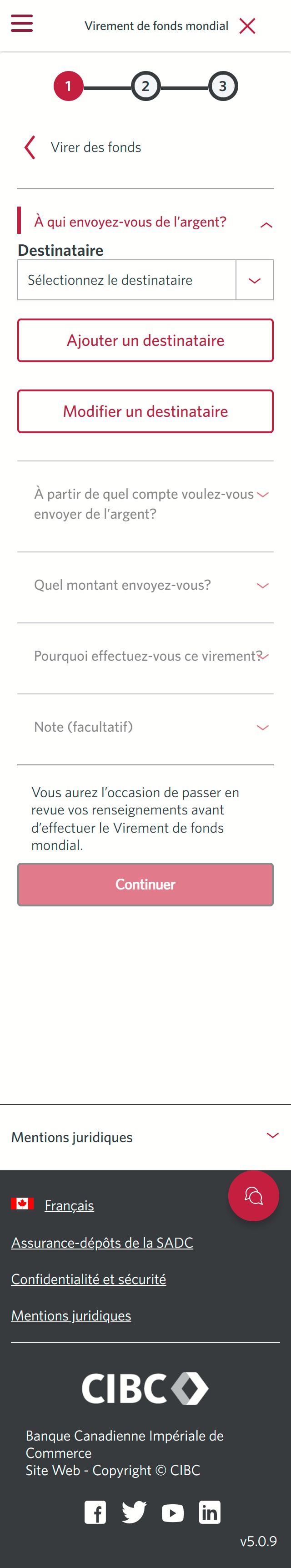Écran 5 de la démonstration : Virement de fonds mondial CIBC. Une animation dynamique met en évidence le bouton Ajouter un nouveau destinataire.
