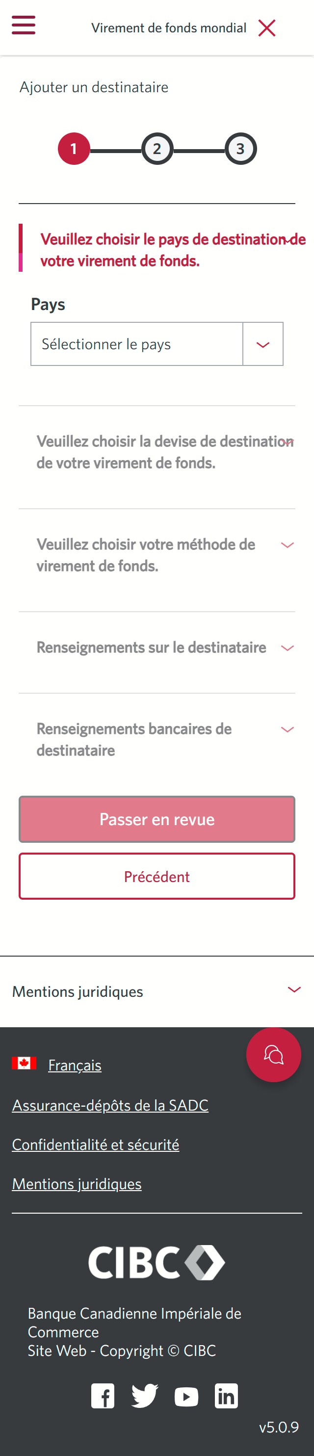 Écran 6 de la démonstration : Virement de fonds mondial CIBC, étape 1. Une animation dynamique met en évidence la zone de liste déroulante Pays.