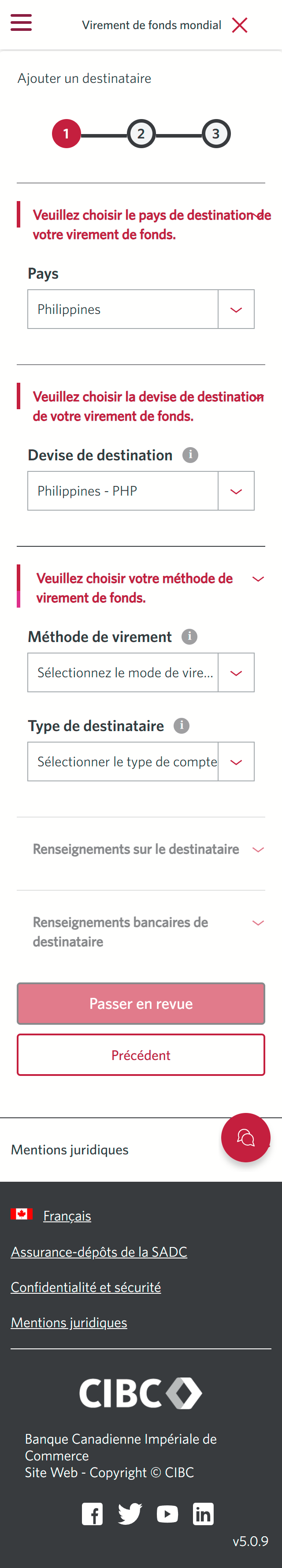 Écran 7 de la démonstration : Virement de fonds mondial CIBC, étape 1. Une animation dynamique met en évidence la zone de liste déroulante Devise de destination.