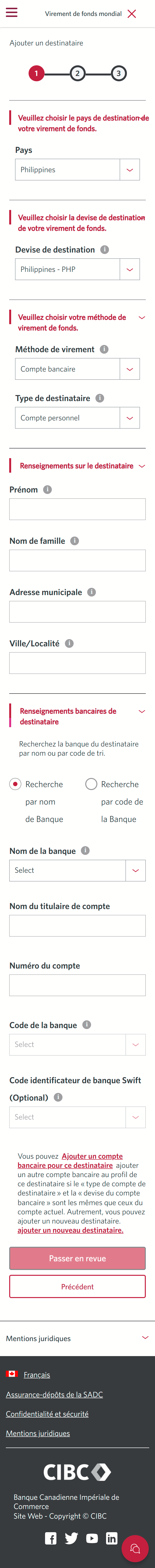 Écran 8 de la démonstration : Virement de fonds mondial CIBC, étape 1. Une animation dynamique met en évidence la zone de liste déroulante Méthode de virement.