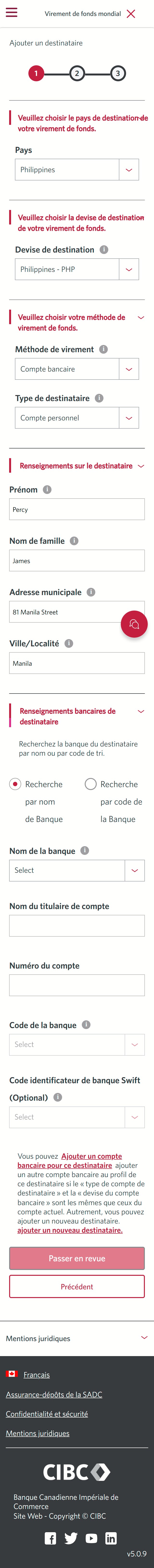 Écran 9 de la démonstration : Virement de fonds mondial CIBC, étape 1. Une animation dynamique met en évidence le champ Prénom, sous les renseignements sur le destinataire.