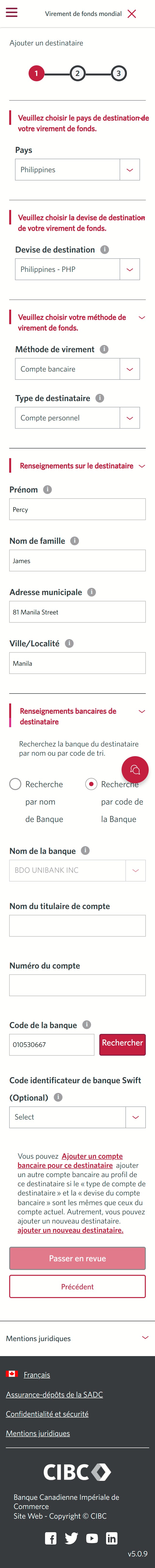 Écran 11 de la démonstration : Virement de fonds mondial CIBC, étape 1. Une animation dynamique met en évidence le bouton Rechercher.