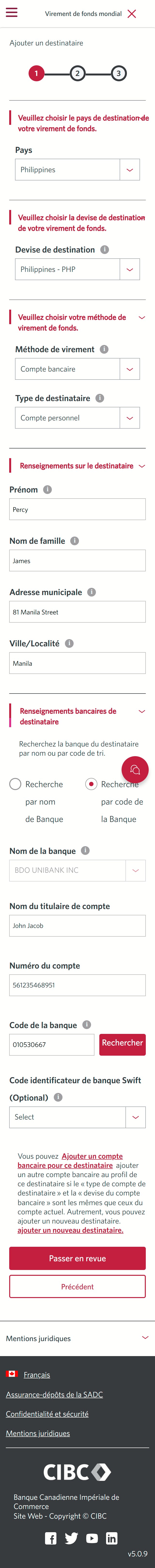 Écran 12 de la démonstration : Virement de fonds mondial CIBC, étape 1. Une animation dynamique met en évidence le bouton Vérifier.