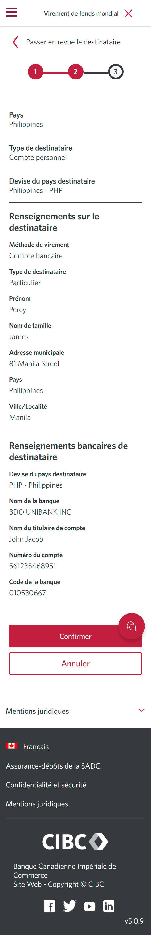 Écran 13 de la démonstration : Virement de fonds mondial CIBC, étape 2. Une animation dynamique met en évidence le bouton Confirmer.