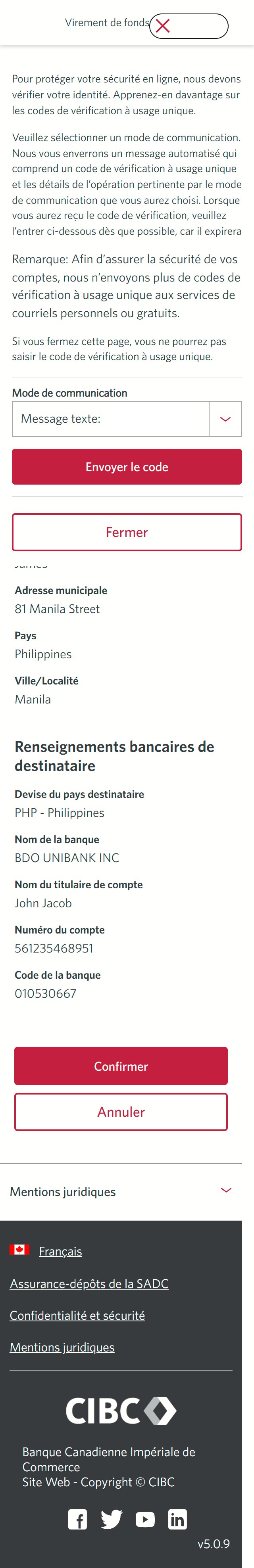 Écran 14 de la démonstration : Virement de fonds mondial CIBC, étape 2. Une animation dynamique met en évidence le bouton Envoyer le code.