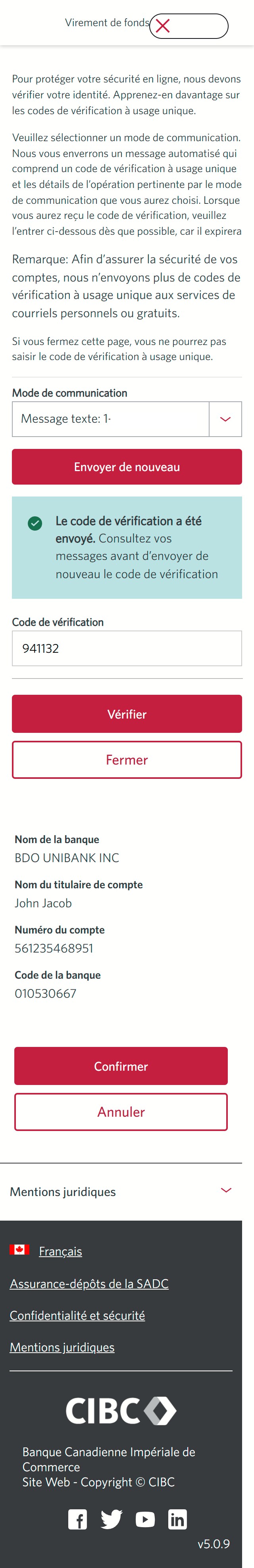 Écran 15 de la démonstration : Virement de fonds mondial CIBC, étape 2. Une animation dynamique met en évidence le bouton Vérifier.