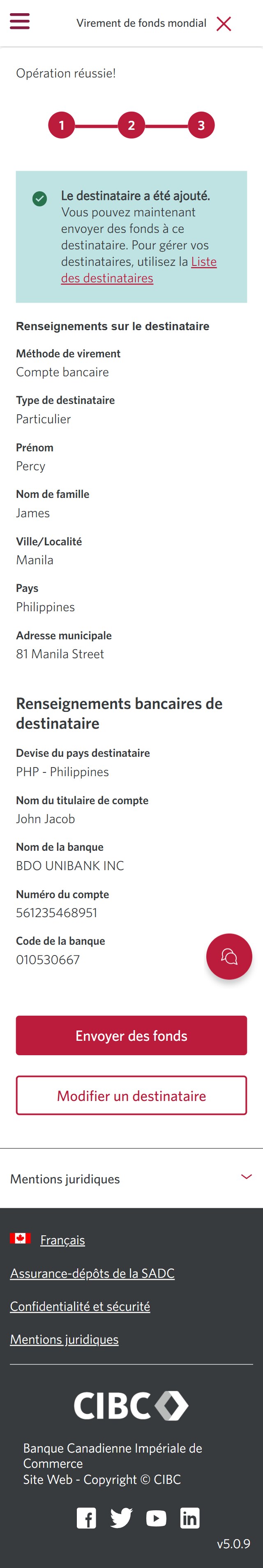 Écran 16 de la démonstration : Virement de fonds mondial CIBC, étape 3. Une animation dynamique met en évidence le bouton Envoyer de l’argent.