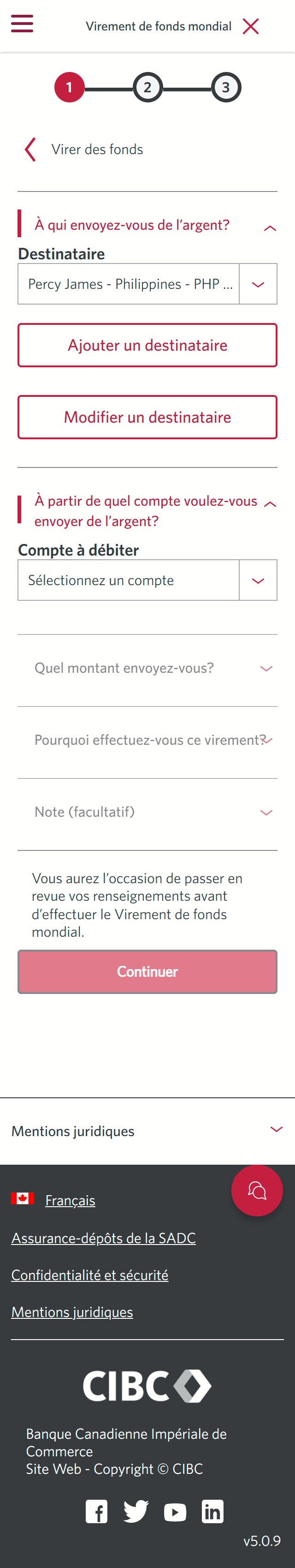 Écran 17 de la démonstration : Virement de fonds mondial CIBC, virer des fonds, étape 1. Une animation dynamique met en évidence le menu déroulant Sélectionner un compte.