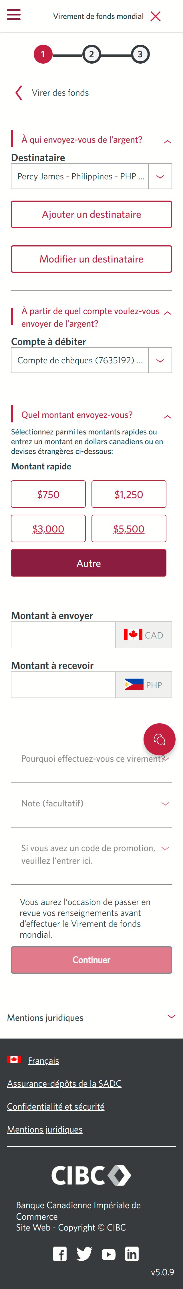Écran 18 de la démonstration : Virement de fonds mondial CIBC, virer des fonds, étape 1. Une animation dynamique met en évidence le bouton Autre.