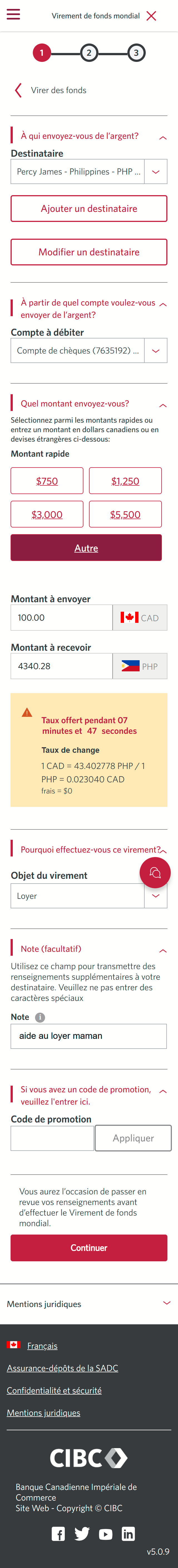 Écran 19 de la démonstration : Virement de fonds mondial CIBC, virer des fonds, étape 1. Une animation dynamique met en évidence le bouton Continuer.