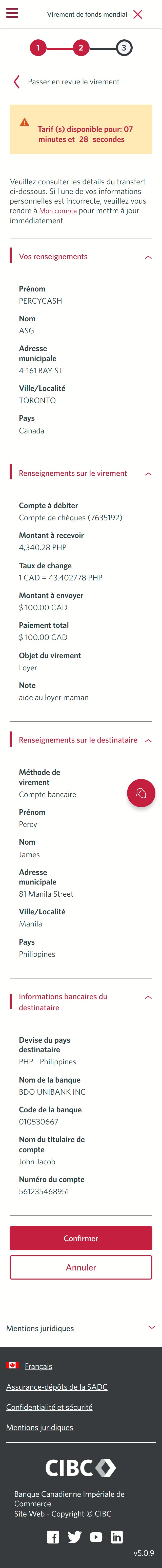 Écran 20 de la démonstration : Virement de fonds mondial CIBC, virer des fonds, étape 2. Une animation dynamique met en évidence le bouton Confirmer.