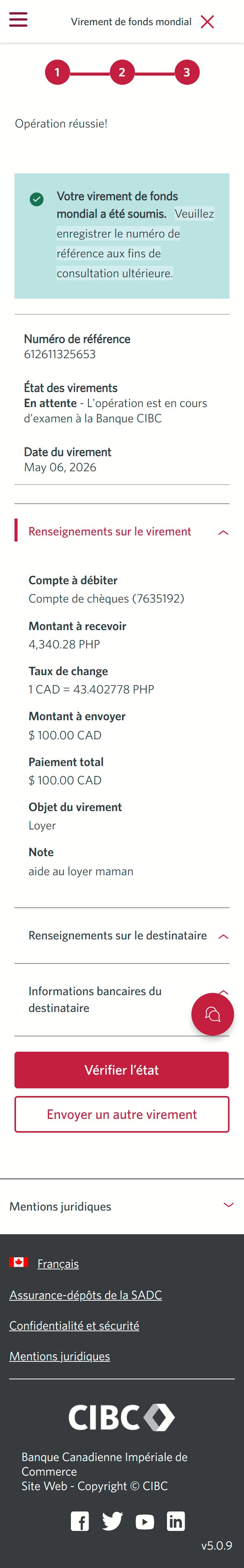 Écran 21 de la démonstration : Virement de fonds mondial CIBC, virer des fonds, étape 3, page de confirmation. Aucune animation dynamique.