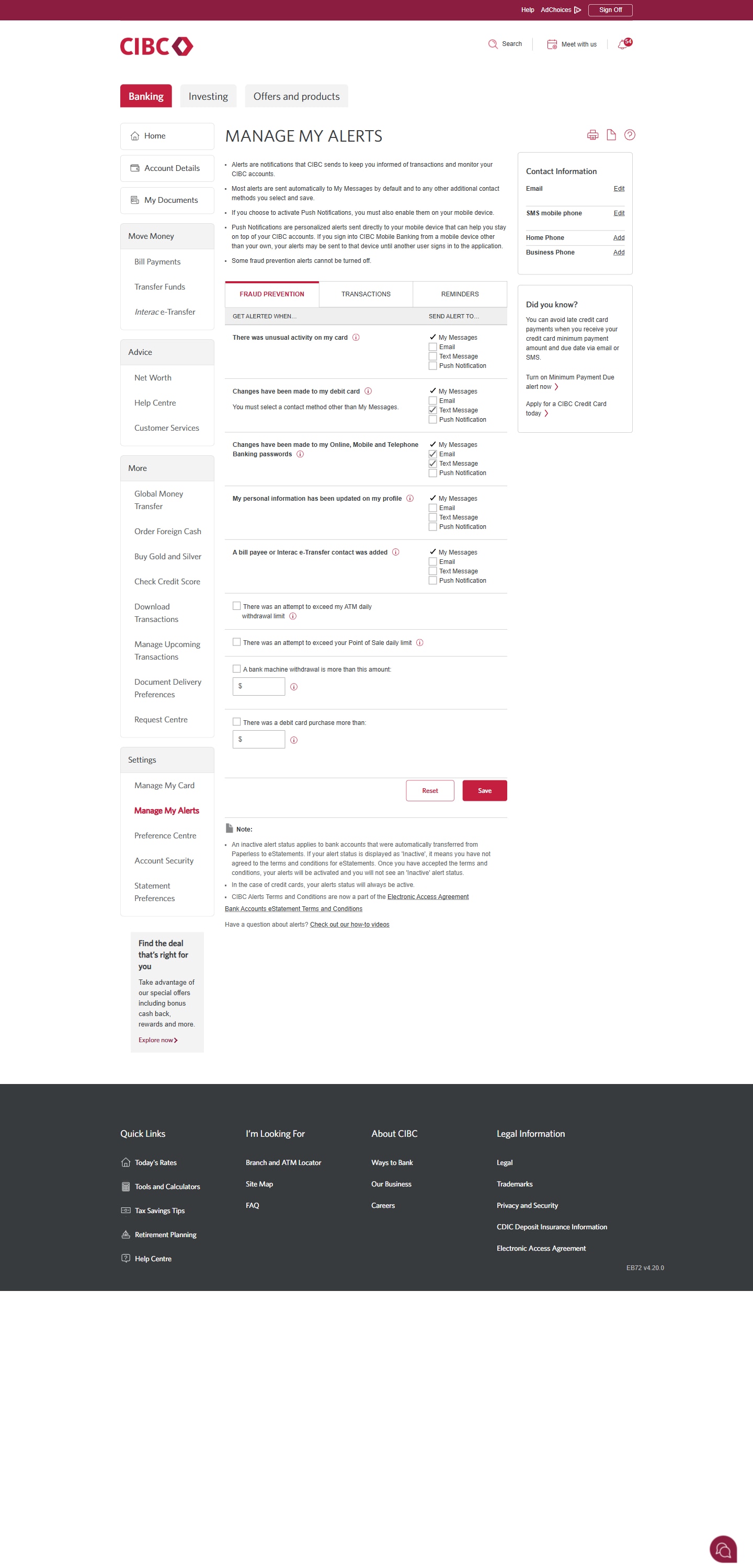 Demo screen 4: Manage My Alerts page. A pulsing animation highlights the "Save" button within the "Fraud Prevention" tab section.