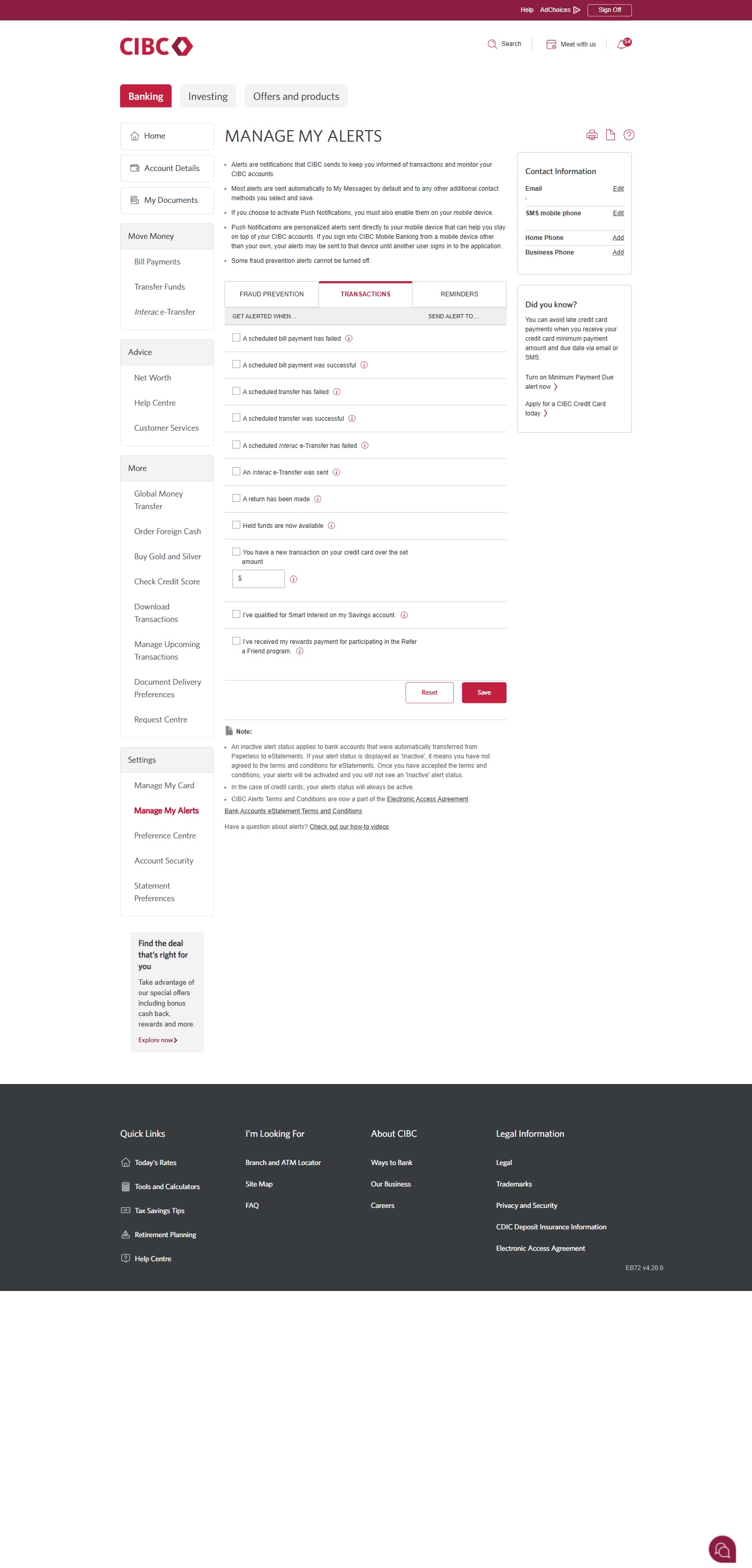 Demo screen 6: Manage My Alerts page. A pulsing animation highlights the "Save" button within the "Transactions" tab section.