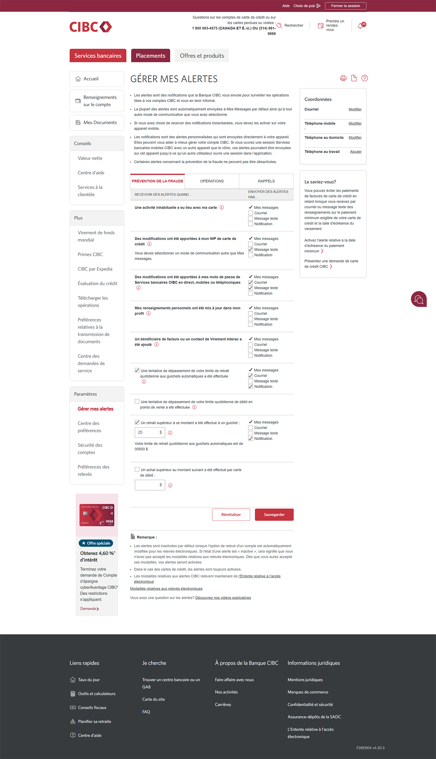 Écran 3 de la démonstration : Page Gérer mes alertes. Une animation dynamique met en évidence l’onglet Prévention de la fraude.