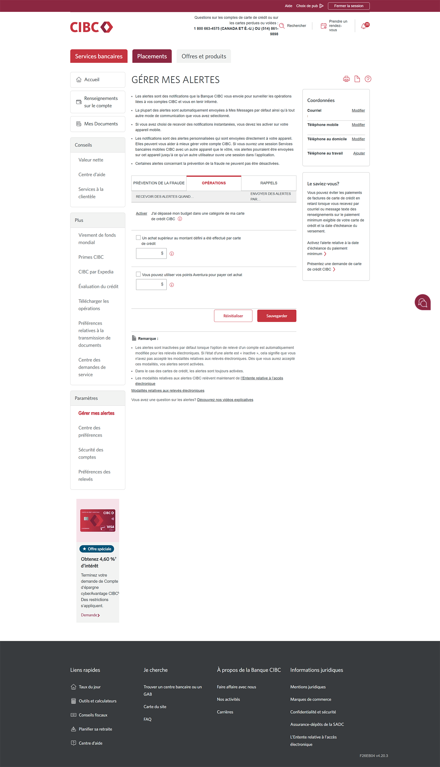 Écran 6 de la démonstration : Page Gérer mes alertes. Une animation dynamique met en évidence le bouton « Enregistrer » dans la section de l’onglet Opérations.