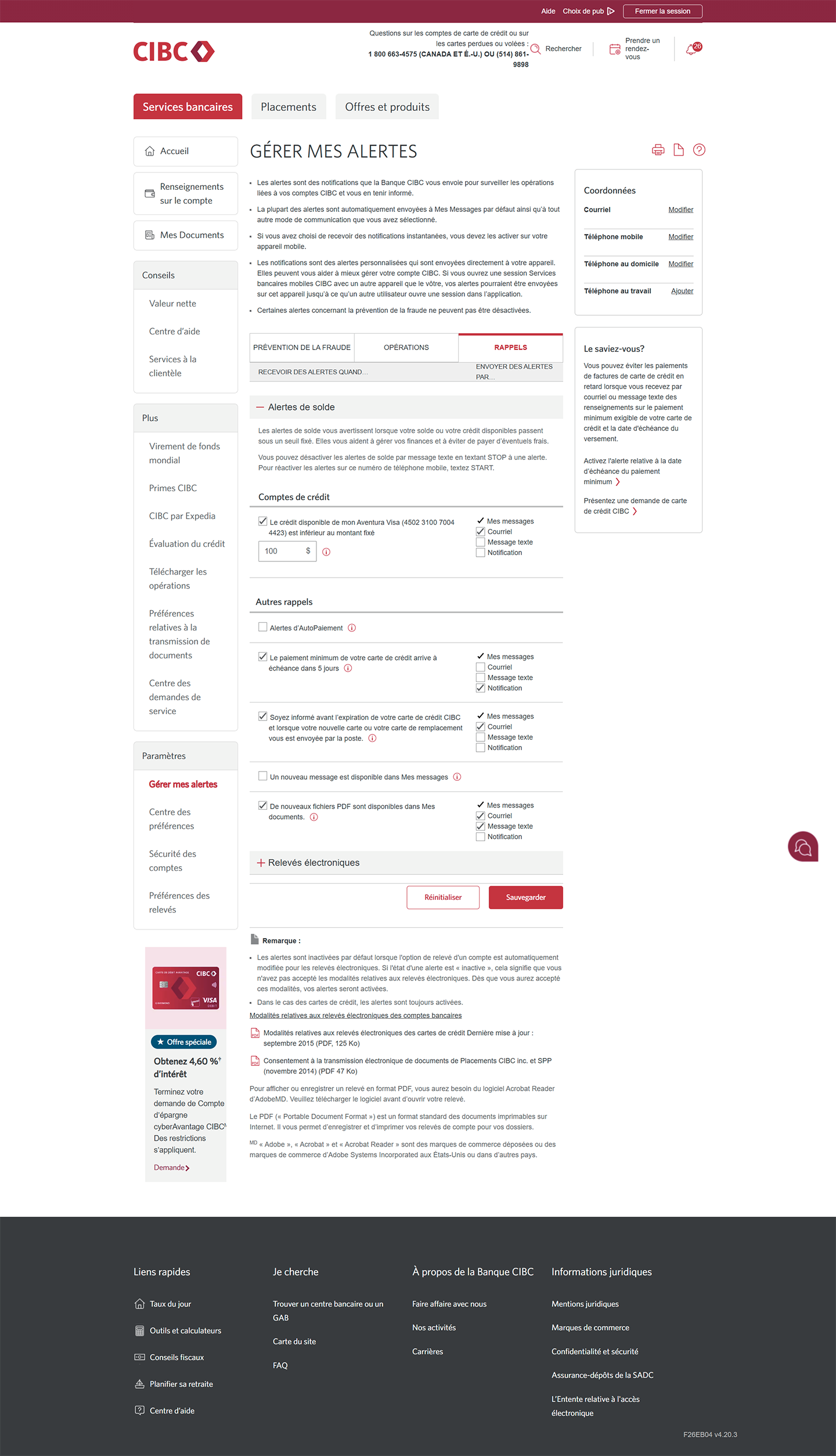 Écran 7 de la démonstration : Page Gérer mes alertes. Une animation dynamique met en évidence l’onglet Rappels.
