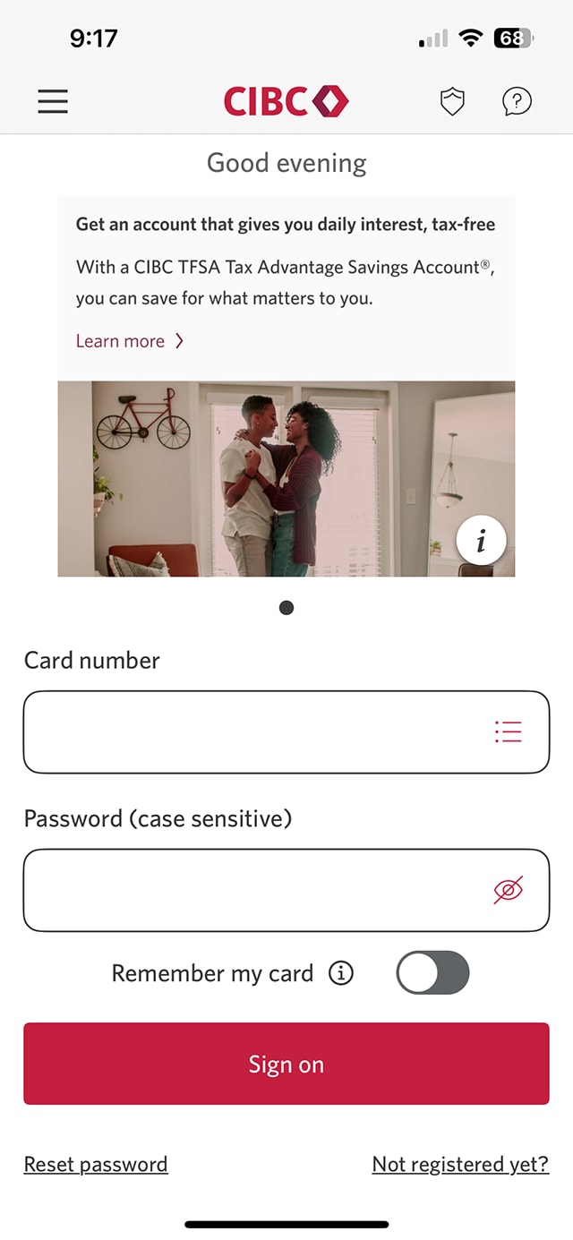 Demo screen 1: CIBC Mobile Banking App sign on screen. A pulsing animation highlights the "Sign on" button.