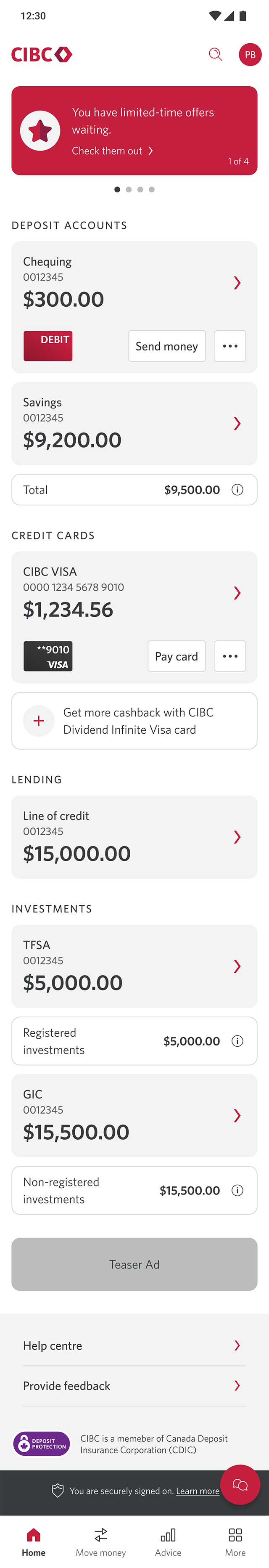 Demo screen 2: CIBC Mobile Banking App homepage. A pulsing animation highlights the "More" tab.