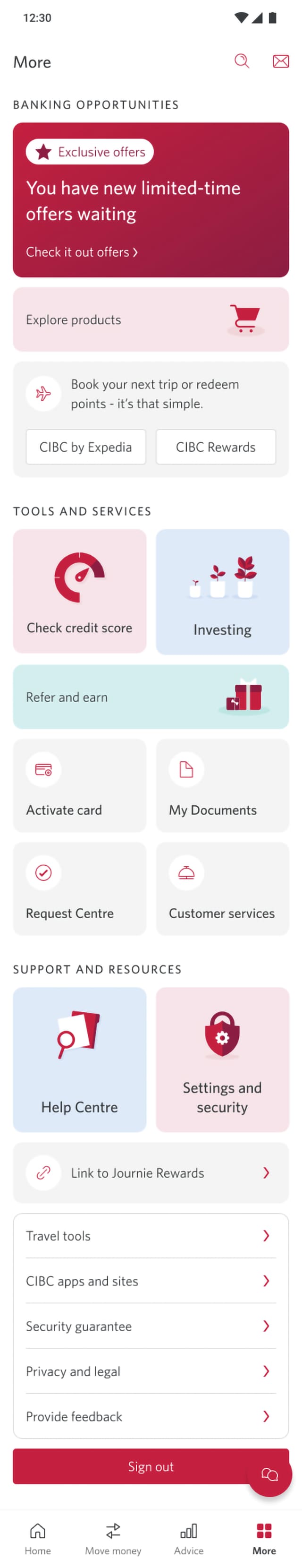 Demo screen 3: CIBC Mobile Banking App options. A pulsing animation highlights the "Settings and security" button.