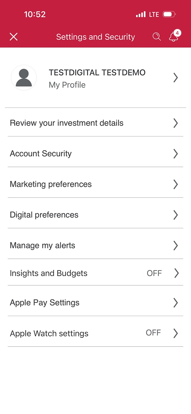 Demo screen 4: Settings and security page. A pulsing animation highlights the "Manage my alerts" button.