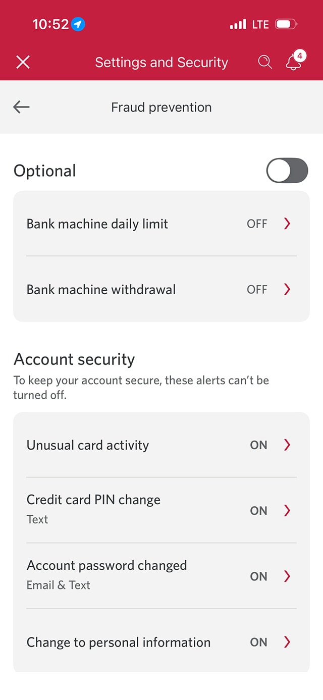 Demo screen 6: Fraud prevention page. A pulsing animation highlights the optional toggle button to turn alerts on or off.