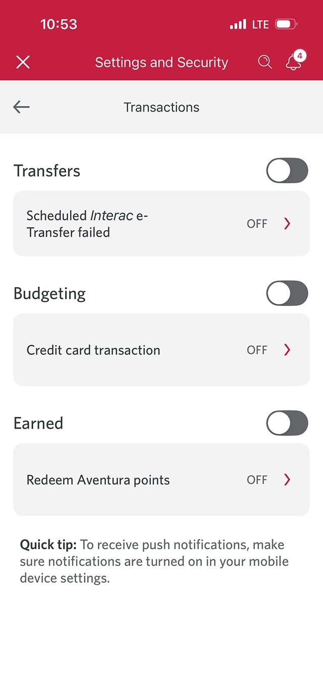 Demo screen 9: Transactions page. A pulsing animation highlights the transfers toggle button to turn alerts on or off.