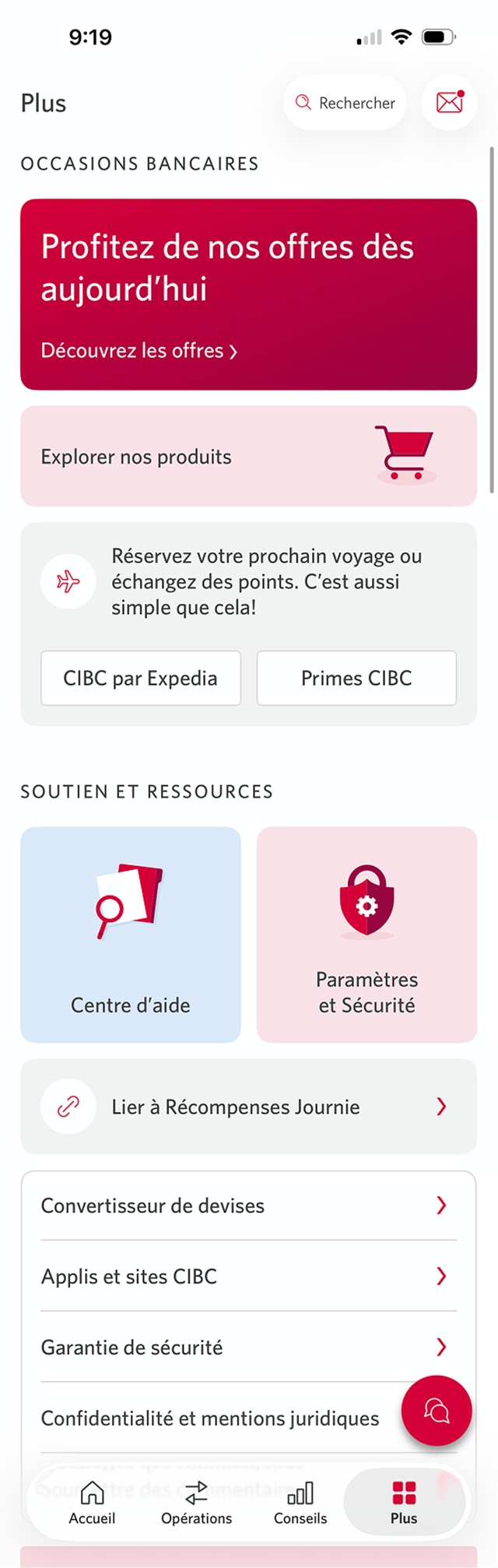Écran 3 de la démonstration : Options de l’application Services bancaires mobiles CIBC. Une animation dynamique met en évidence le bouton Paramètres et Sécurité.