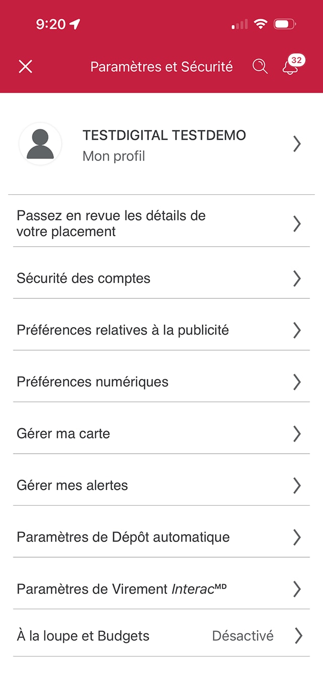 Écran 4 de la démonstration : Page Paramètres et Sécurité. Une animation dynamique met en évidence le bouton Gérer mes alertes.