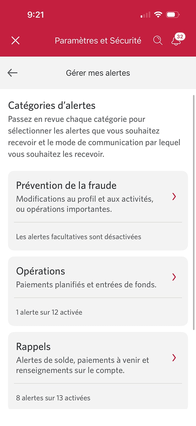 Écran 5 de la démonstration : Page Gérer mes alertes. Une animation dynamique met en évidence le bouton Prévention de la fraude.