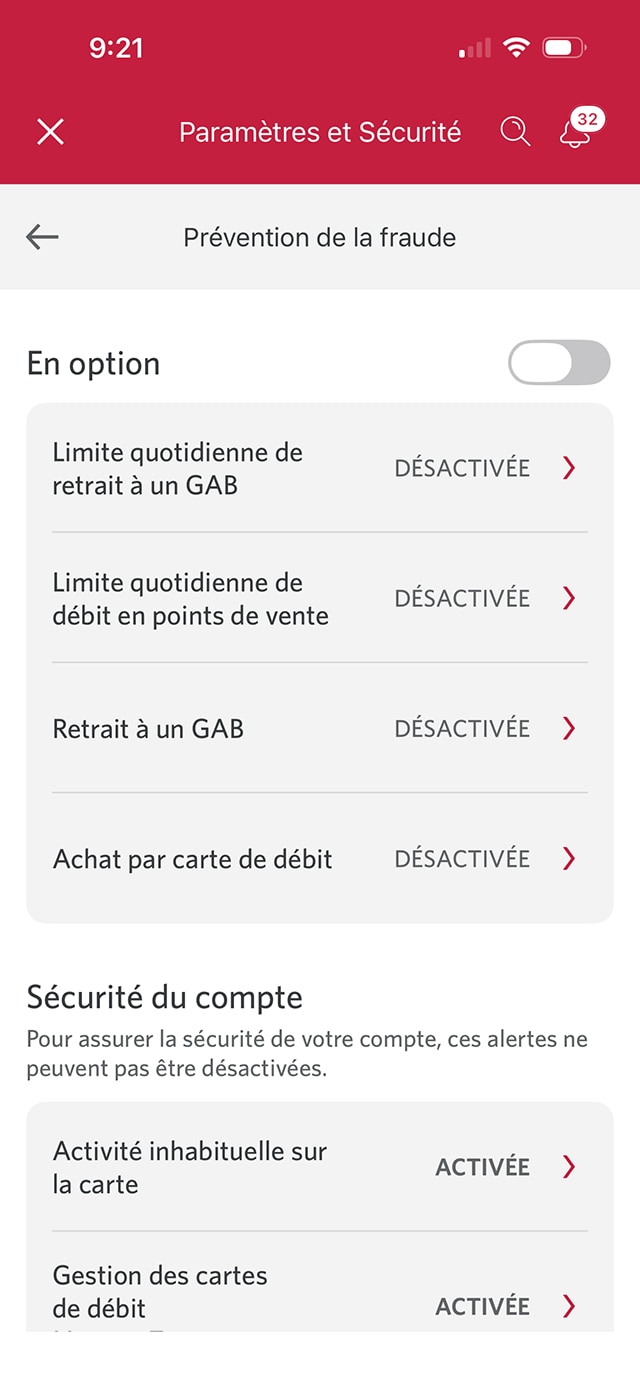 Écran 6 de la démonstration : Page Prévention de la fraude. Une animation dynamique met en évidence le bouton à bascule pour activer ou désactiver les alertes facultatives.
