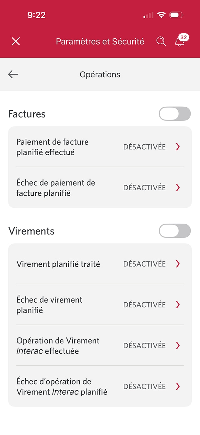 Écran 9 de la démonstration : Page Opérations. Une animation dynamique met en évidence le bouton à bascule pour activer ou désactiver les alertes.