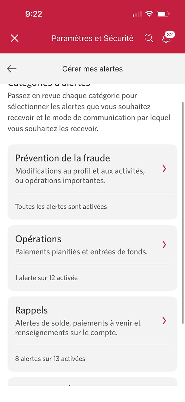Écran 11 de la démonstration : Page Gérer mes alertes. Une animation dynamique met en évidence le bouton Rappels.
