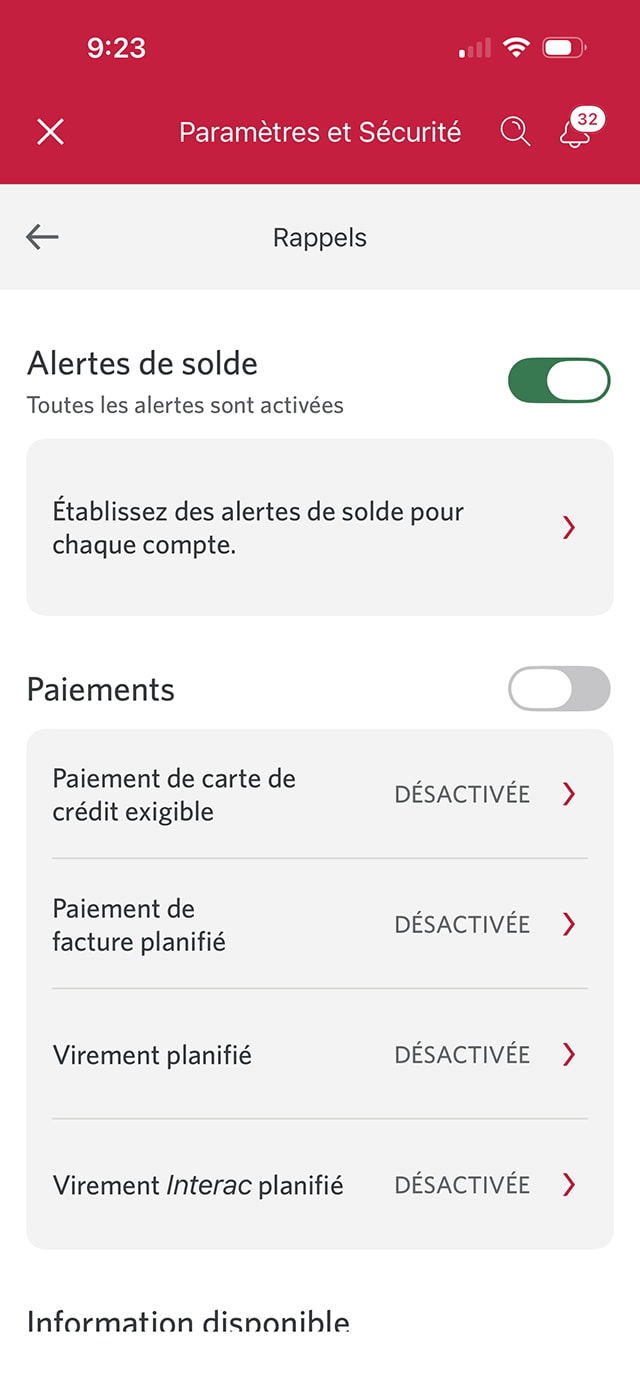Écran 12 de la démonstration : Page Rappels. Une animation dynamique met en évidence le bouton à bascule pour les alertes de solde pour activer ou désactiver les rappels.