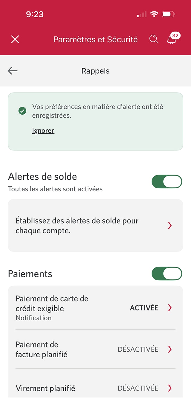 Écran 13 de la démonstration : Page Rappels avec un message de confirmation. Aucune animation dynamique.