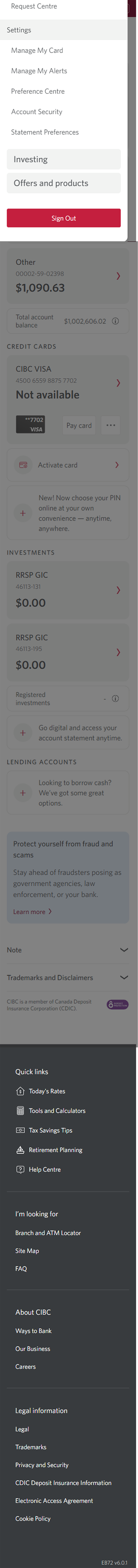Demo screen 3: CIBC Online Banking homepage. A pulsing animation highlights the "Manage My Alerts" link.