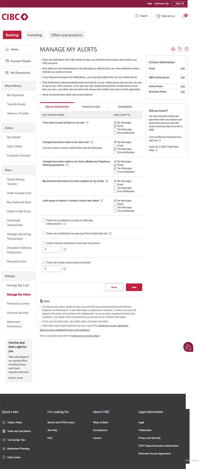 Demo screen 5: Manage My Alerts page. A pulsing animation highlights the "Save" button within the "Fraud Prevention" tab section.