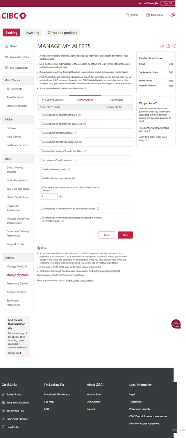 Demo screen 6: Manage My Alerts page. A pulsing animation highlights the "Transactions" tab.