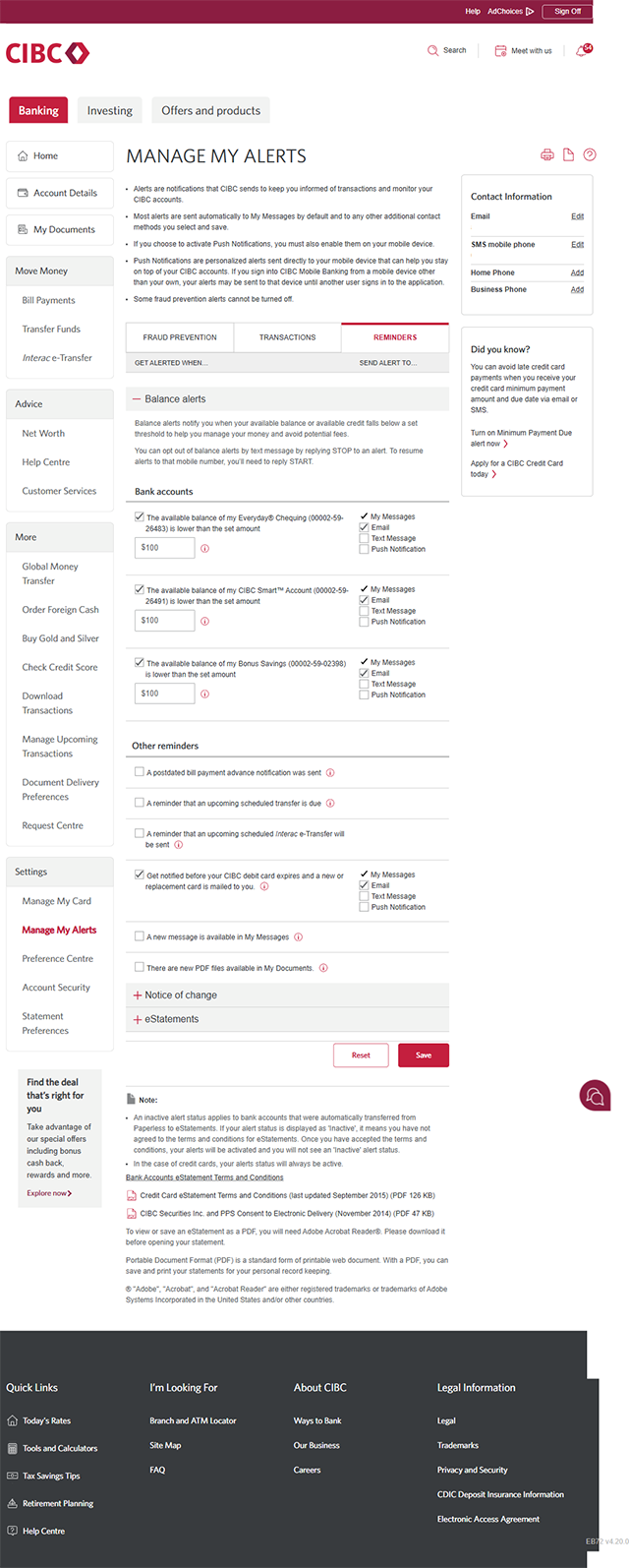 Demo screen 9: Manage My Alerts page. A pulsing animation highlights the "Save" button within the "Reminders" tab section.