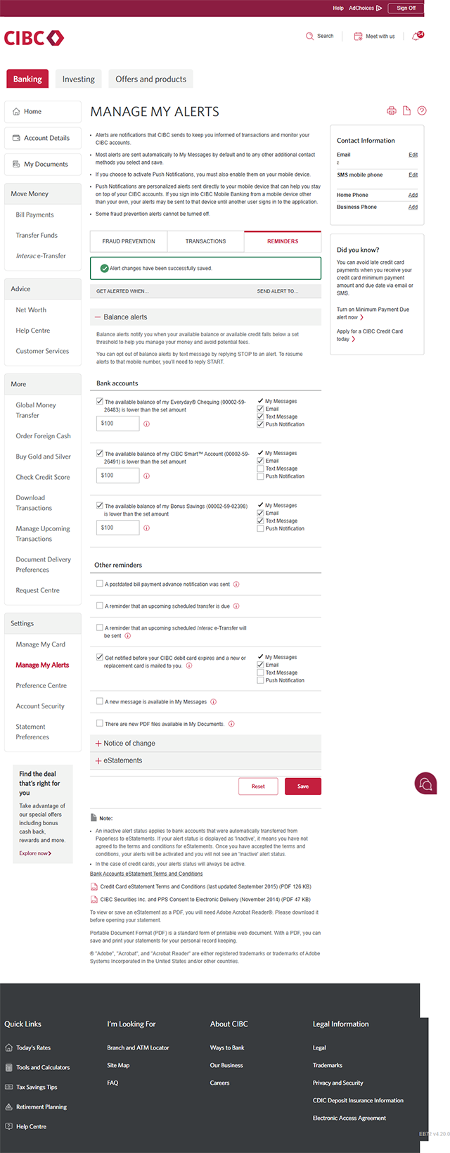 Demo screen 10: Manage My Alerts page. An on-screen message indicates that alert changes have been successfully saved.