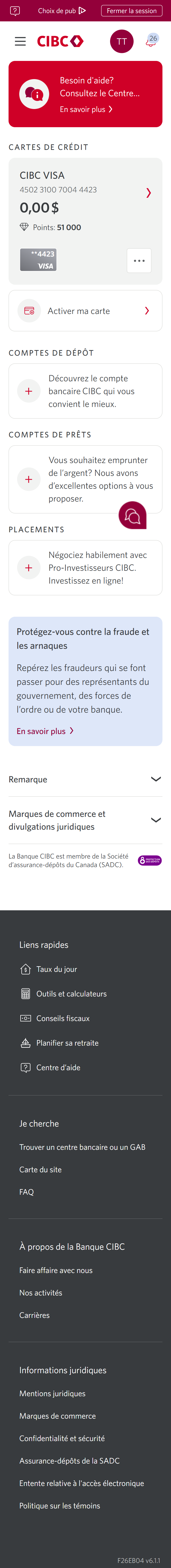 Écran 2 de la démonstration : Page d’accueil de Services bancaires CIBC en direct. Une animation dynamique met en évidence le bouton « Plus d’options » pour une carte de crédit.