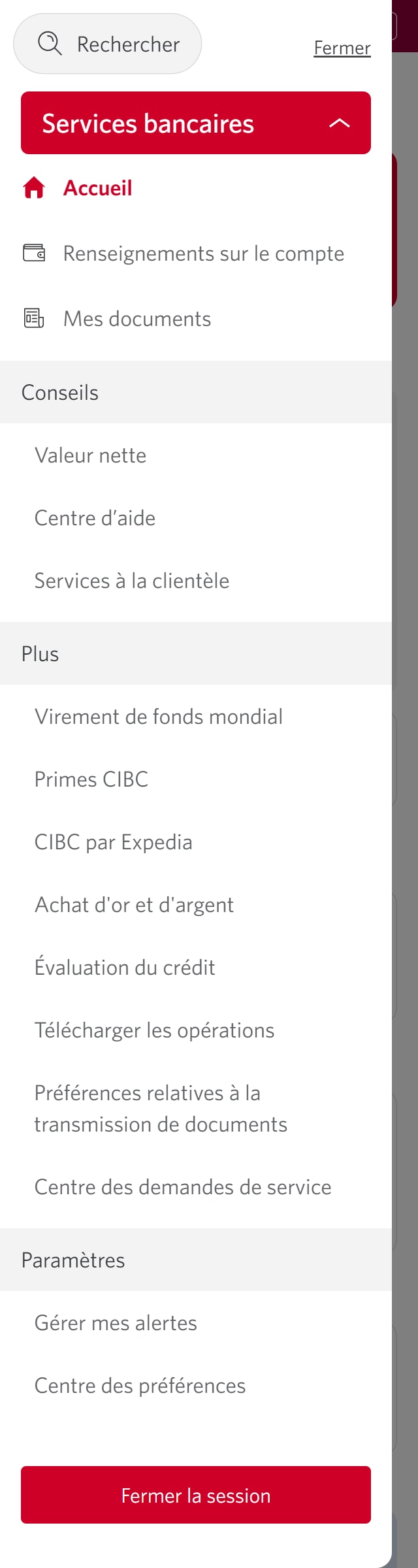 Écran 3 de la démonstration : Page d’accueil de Services bancaires CIBC en direct. Une animation dynamique met en évidence le lien Gérer mes alertes.