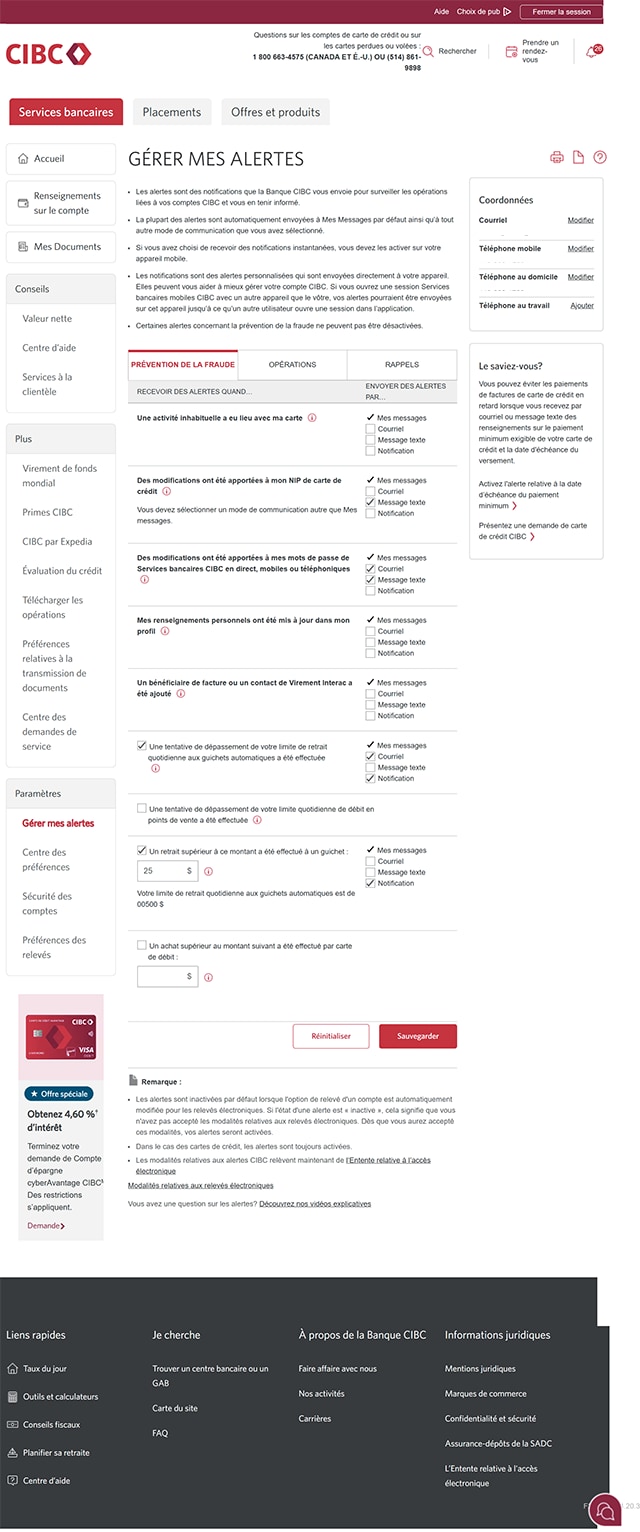 Écran 5 de la démonstration : Page Gérer mes alertes. Une animation dynamique met en évidence le bouton « Enregistrer » dans la section de l’onglet Prévention de la fraude.