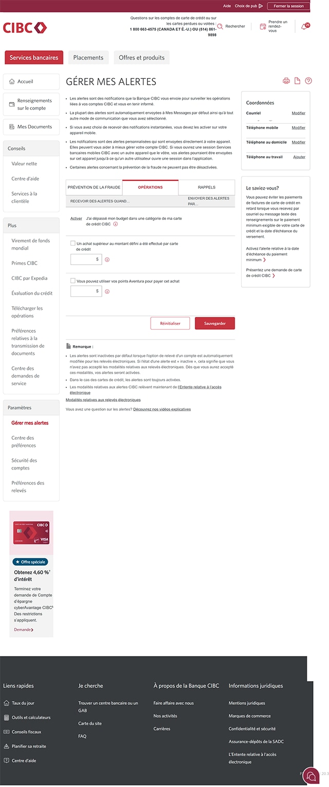 Écran 6 de la démonstration : Page Gérer mes alertes. Une animation dynamique met en évidence l’onglet Opérations.