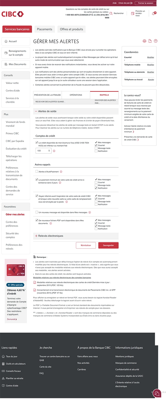 Écran 9 de la démonstration : Page Gérer mes alertes. Une animation dynamique met en évidence le bouton « Enregistrer » dans la section de l’onglet Rappels.