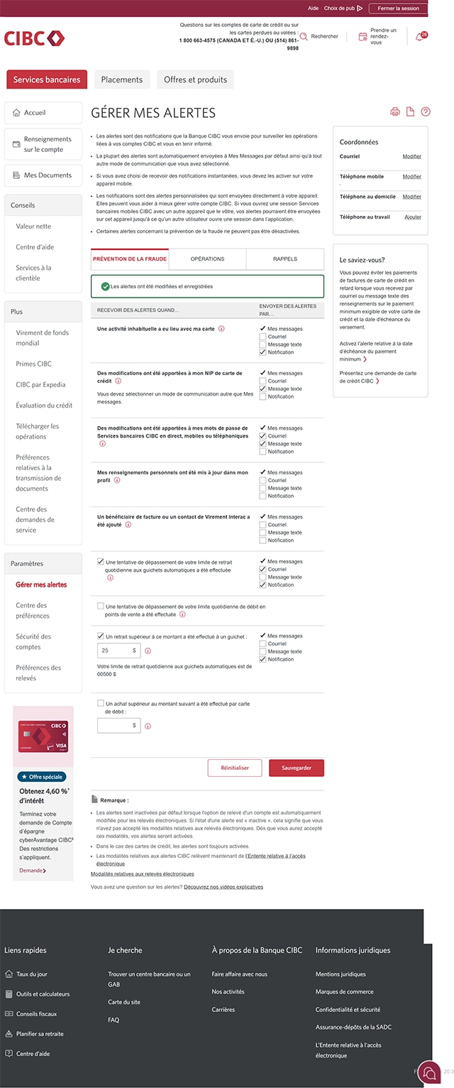 Écran 10 de la démonstration : Page Gérer mes alertes. Un message à l’écran indique que les changements apportés aux alertes ont bien été enregistrés.