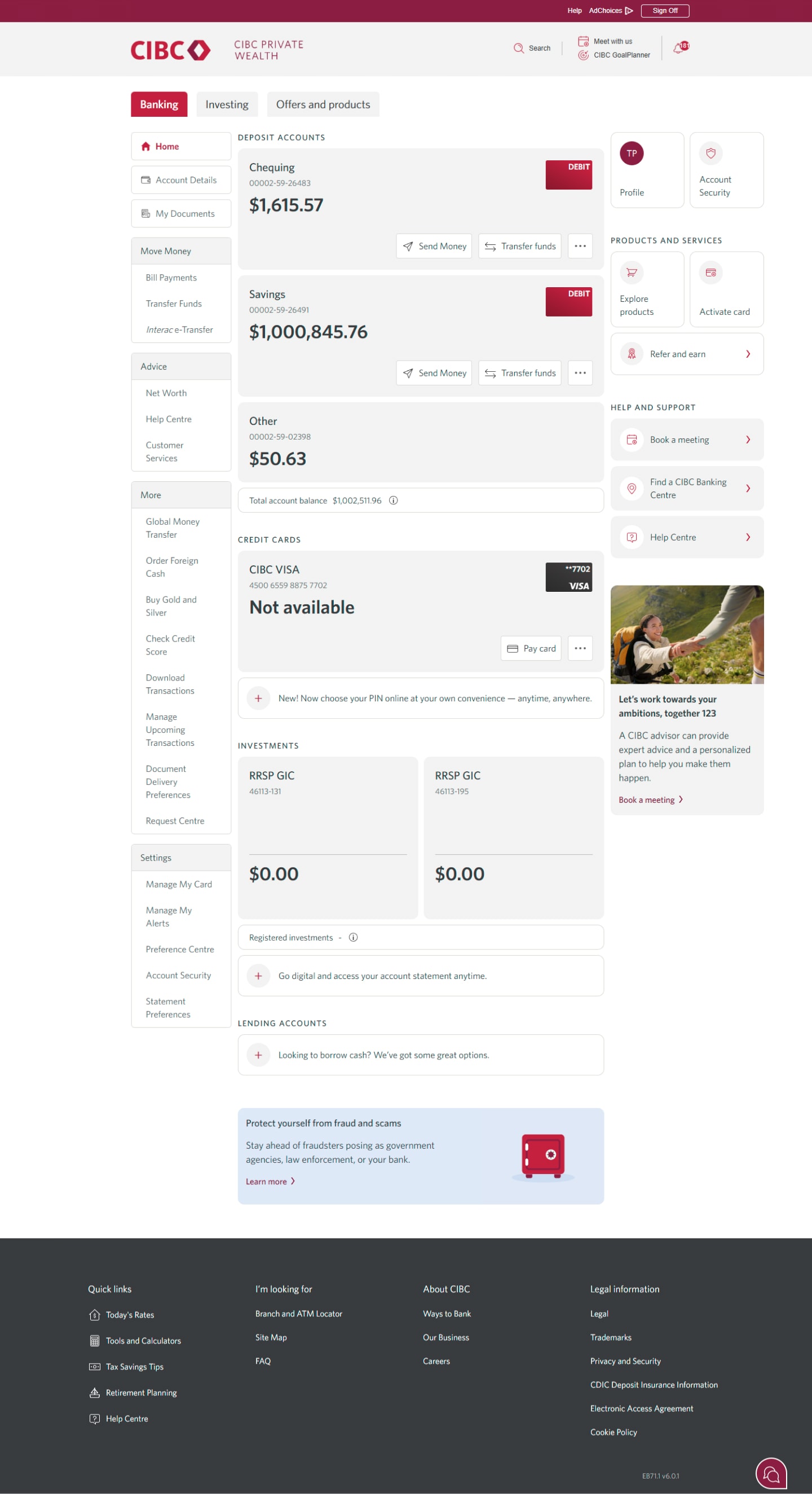 Demo screen 2: CIBC Online Banking homepage. A pulsing animation highlights the Interac e-Transfer link.