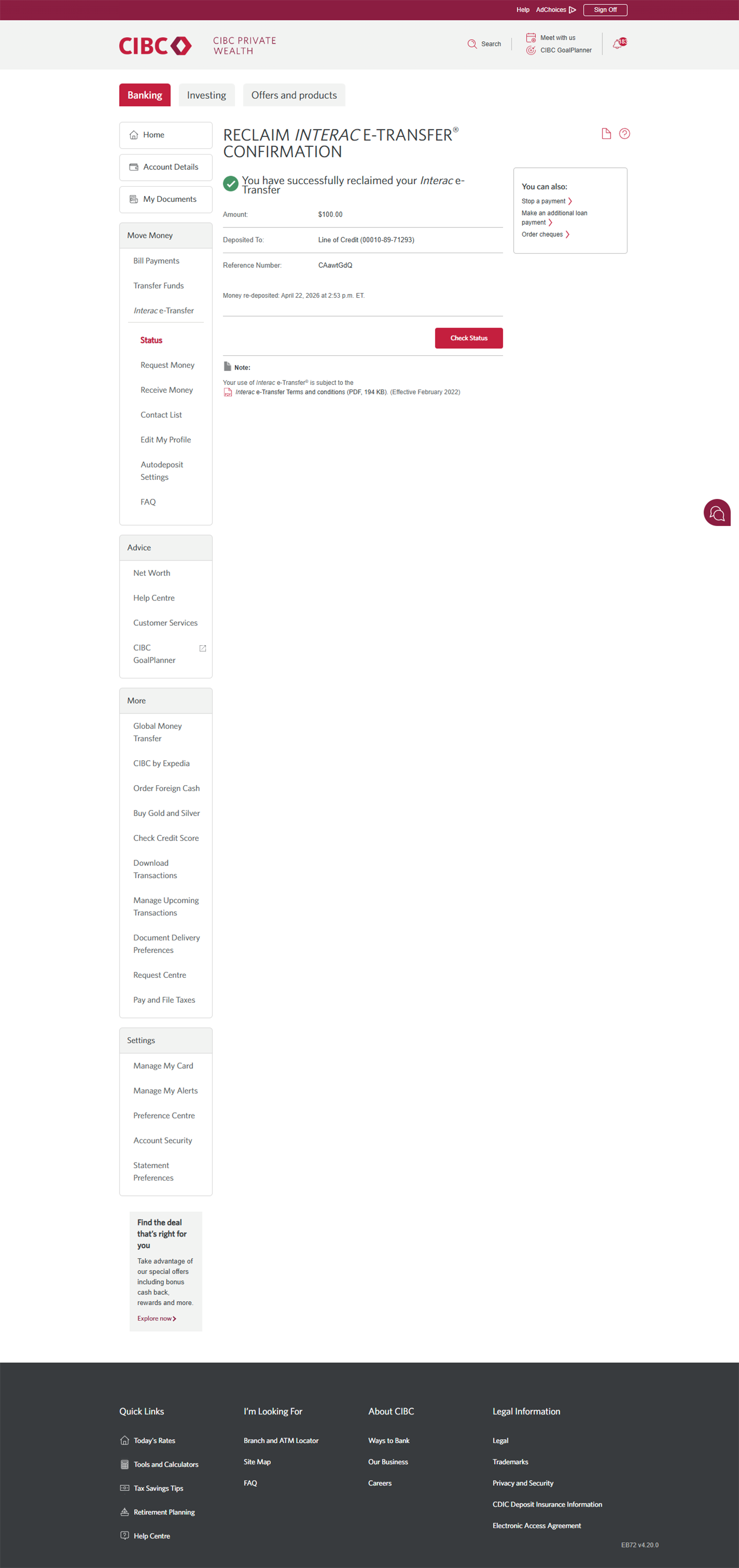Demo screen 7: Reclaim Interac e-Transfer confirmation page. No pulsing animation.