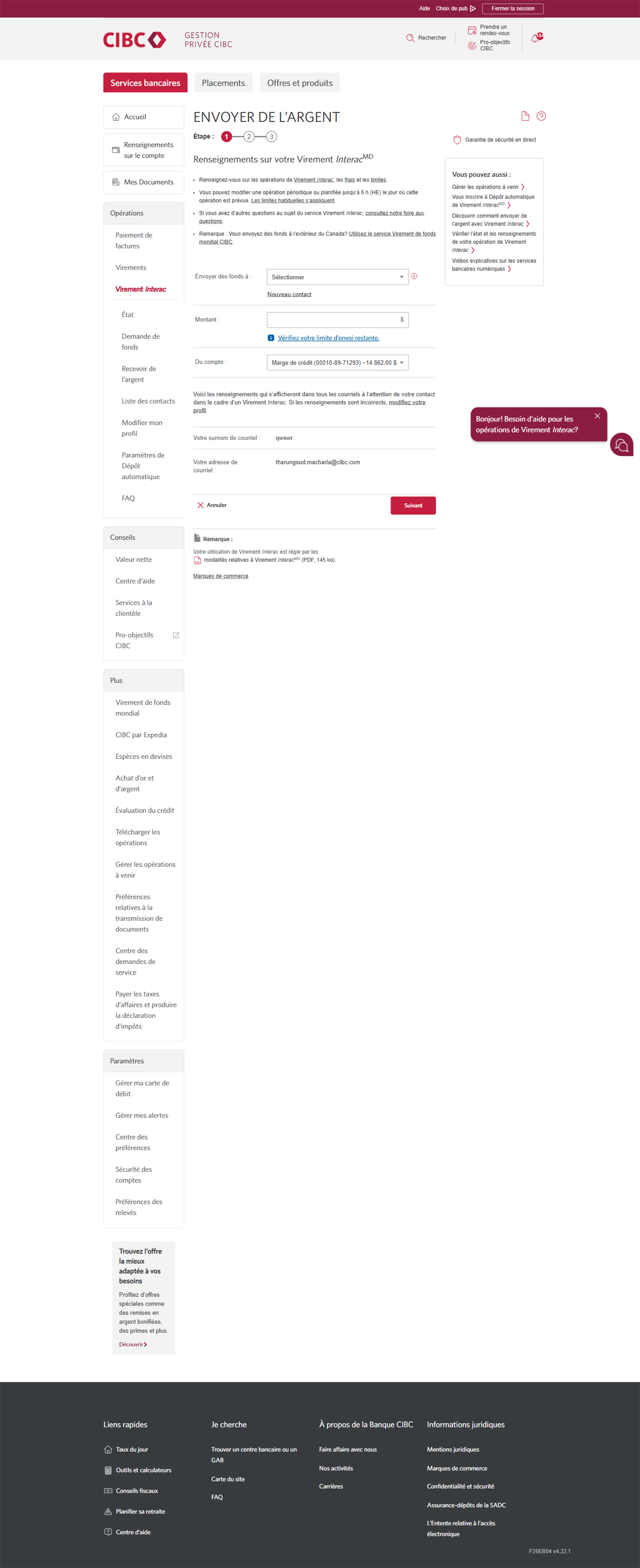Écran 3 de la démonstration : Page Envoyer de l’argent. Une animation dynamique met en évidence le lien d’état sous Virement Interac.